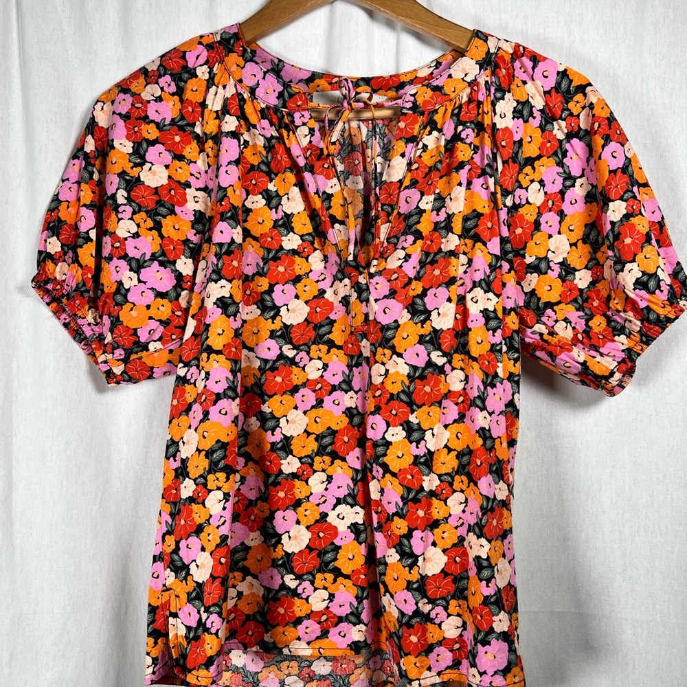 LOFT Multicolor Floral Blouse with Puff Sleeves